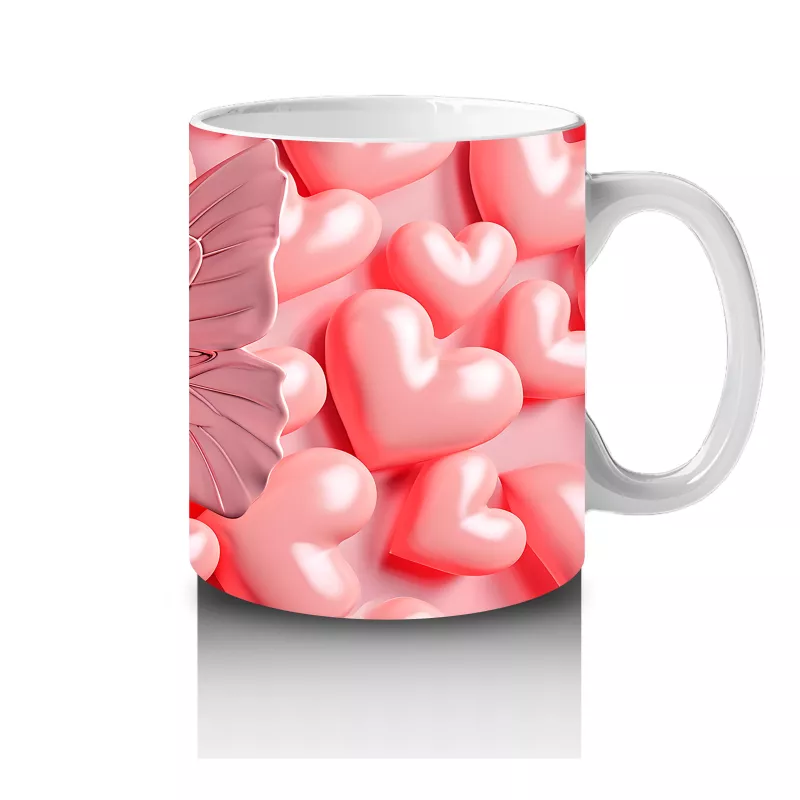 Parlak Pembe Kalplerle Süslenmiş Pembe Kelebek – Baskılı Kahve Kupası - 4
