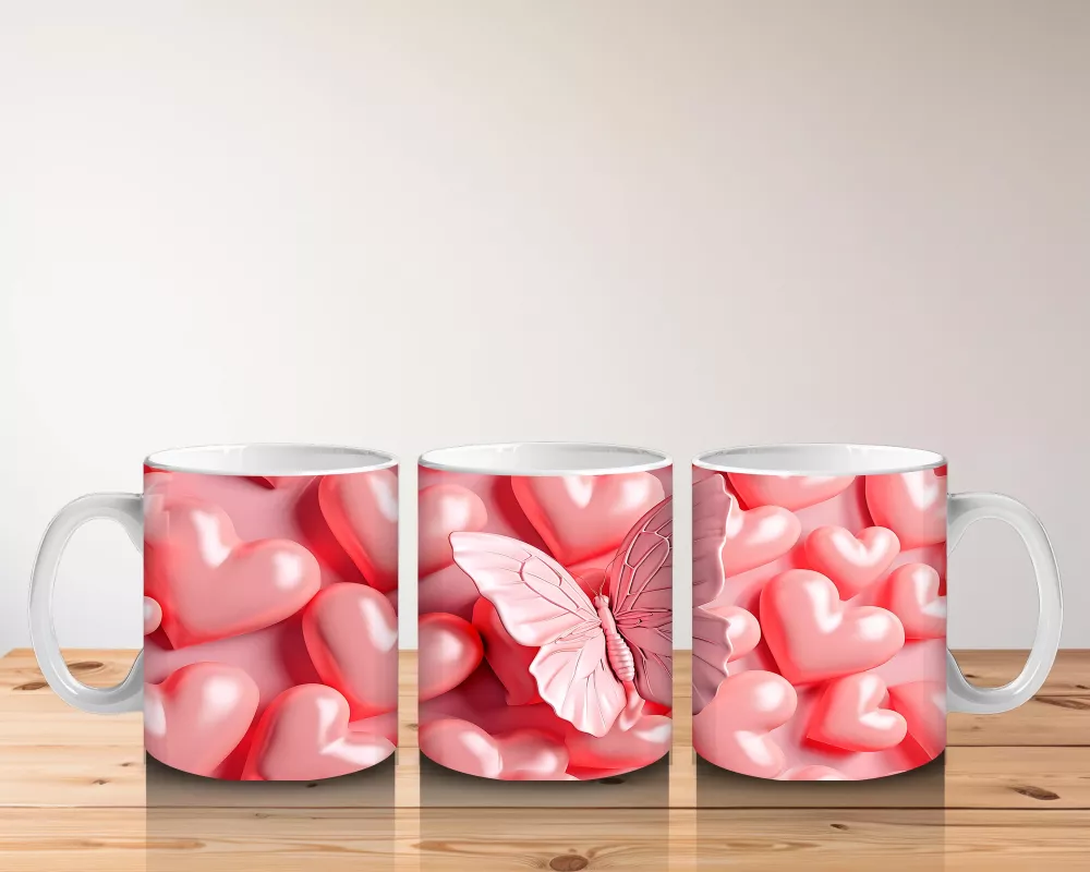 Parlak Pembe Kalplerle Süslenmiş Pembe Kelebek – Baskılı Kahve Kupası - 5