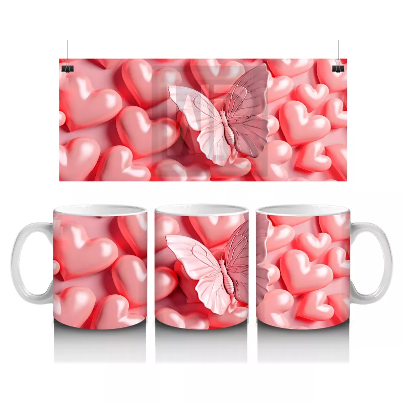 Parlak Pembe Kalplerle Süslenmiş Pembe Kelebek – Baskılı Kahve Kupası