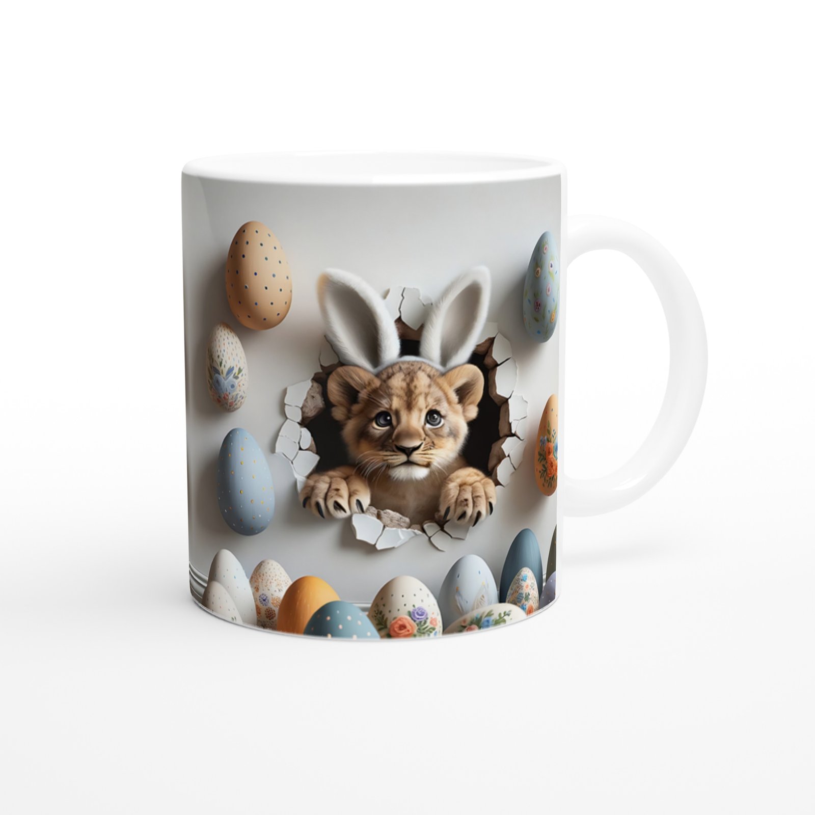 Paskalya Yumurtaları Arasında Tavşan Kulaklı Aslan Yavrusu Temalı Baskılı Kupa Bardak - 3