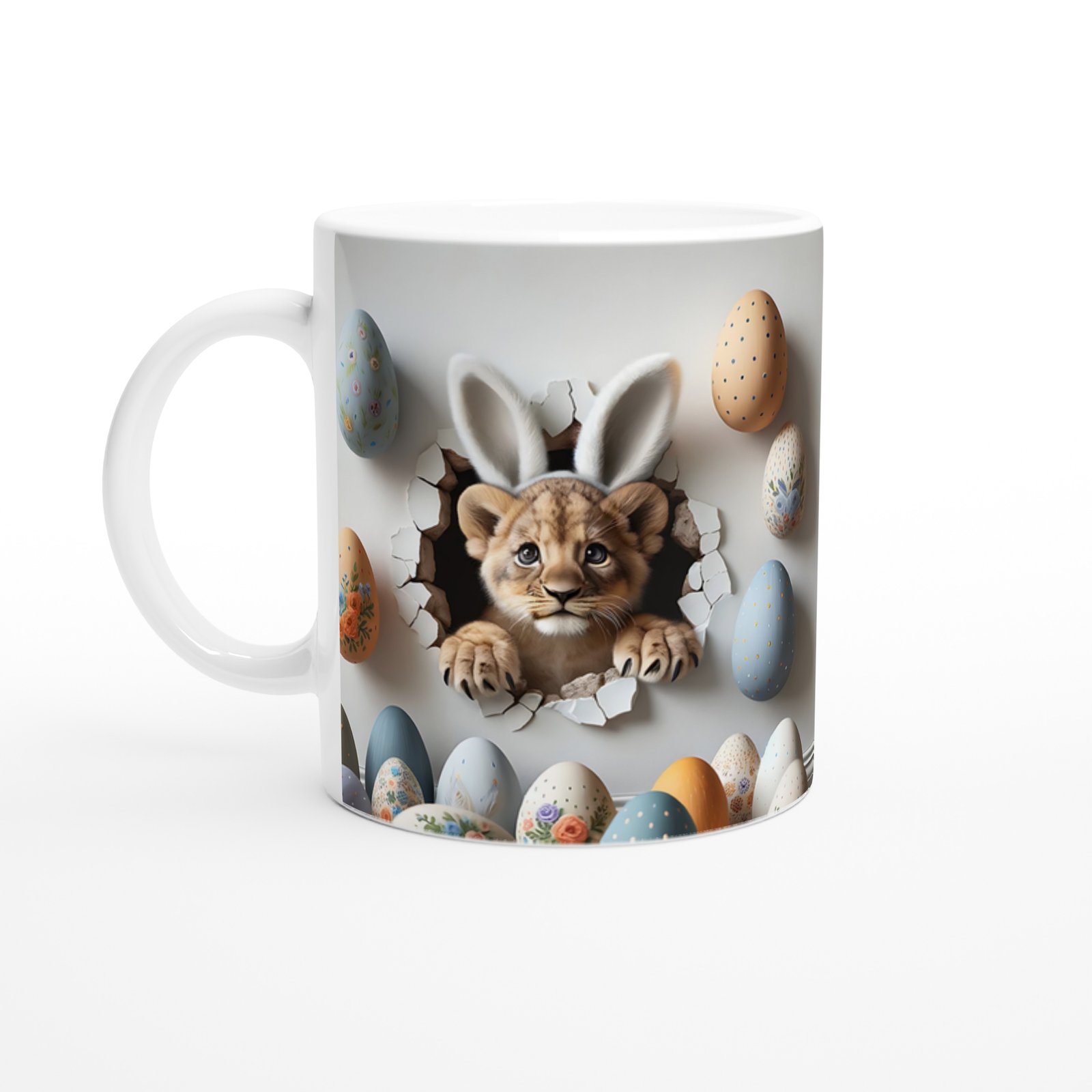 Paskalya Yumurtaları Arasında Tavşan Kulaklı Aslan Yavrusu Temalı Baskılı Kupa Bardak