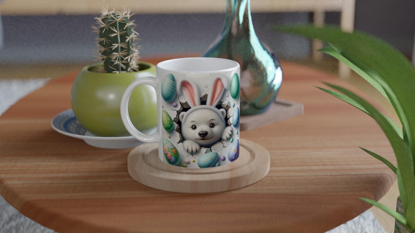 Paskalya Yumurtaları Arasında Tavşan Kulaklı Ayı Temalı Baskılı Kupa Bardak - 4