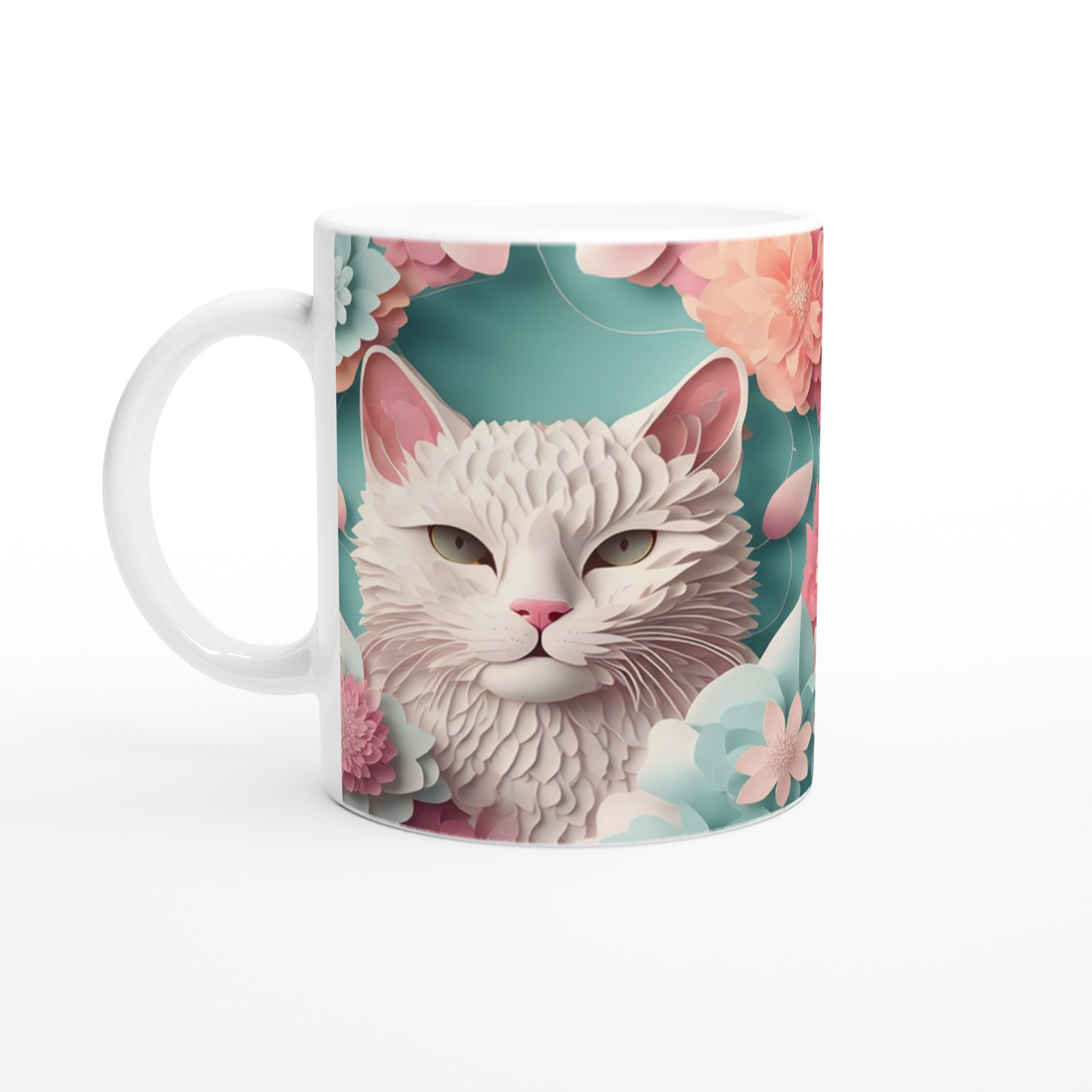 Pastel Çiçekler Arasında Bembeyaz Kedi Baskılı Kupa Bardak