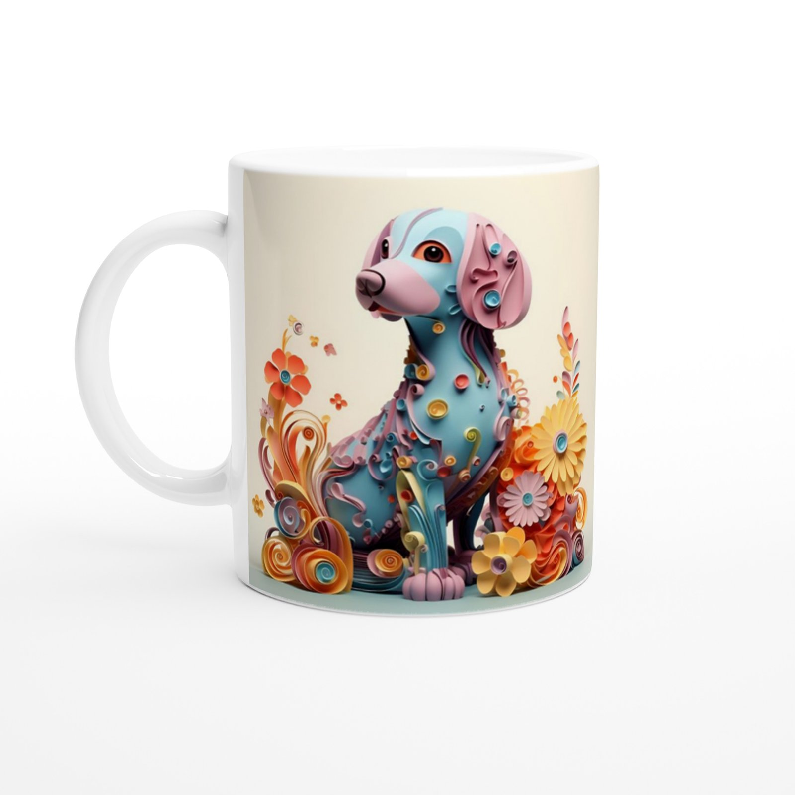 Pastel Çiçekli Köpek Baskılı Kupa Bardak