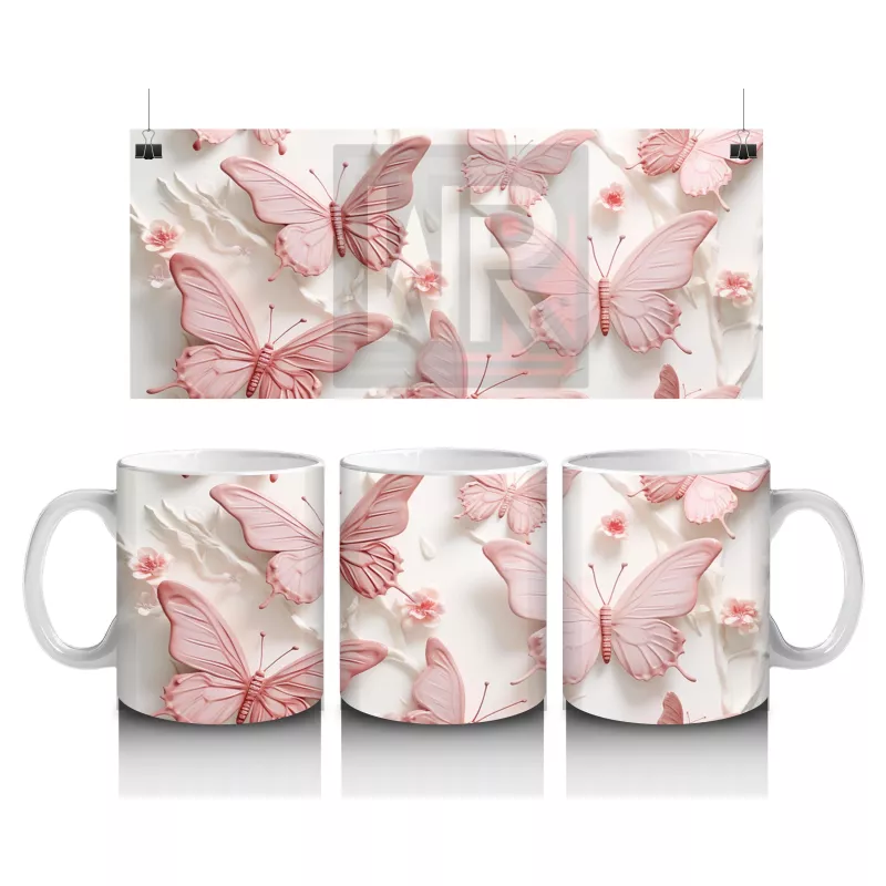 Pastel Pembe ve Beyaz Kelebekler – Baskılı Kupa