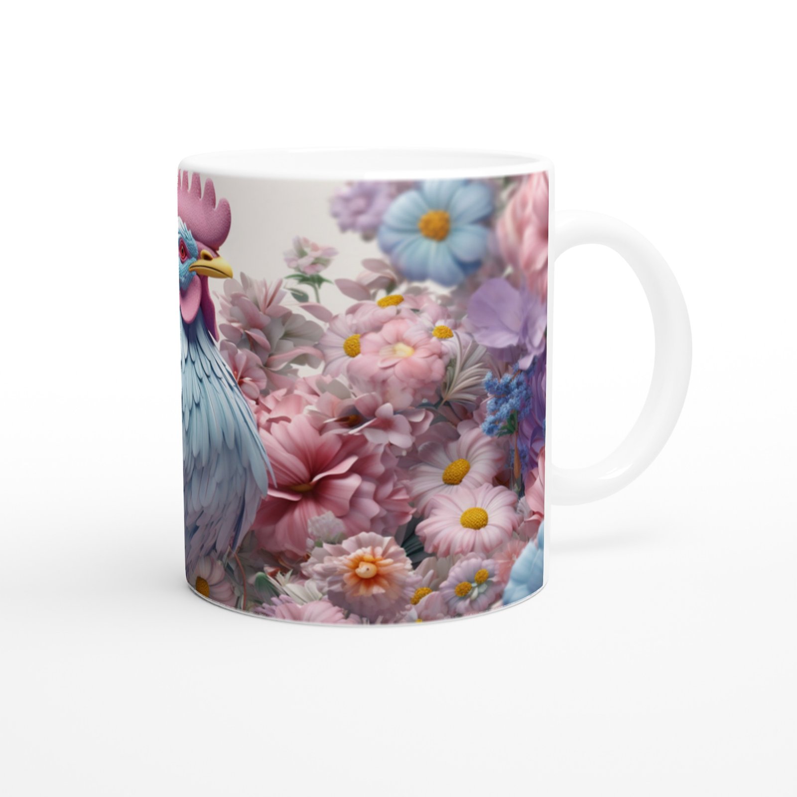 Pastel Renkli Çiçekler Arasında Mavi Horoz Baskılı Kupa Bardak - 2