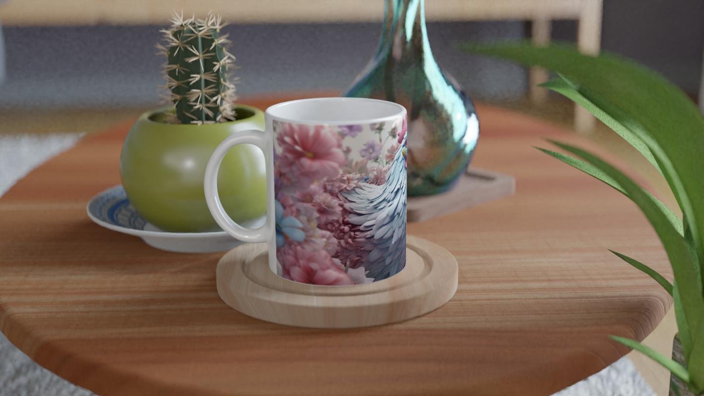 Pastel Renkli Çiçekler Arasında Mavi Horoz Baskılı Kupa Bardak - 3