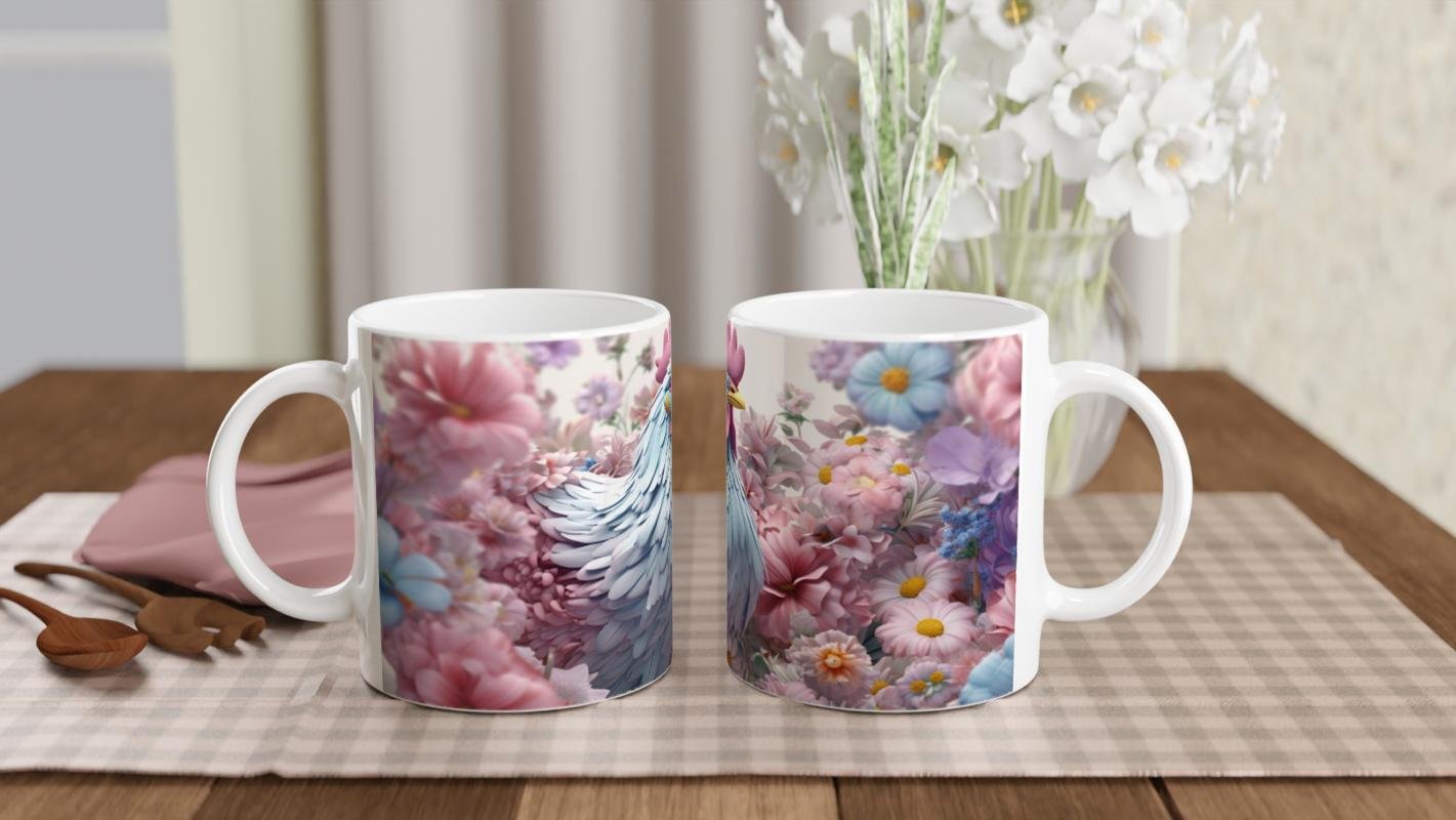 Pastel Renkli Çiçekler Arasında Mavi Horoz Baskılı Kupa Bardak - 4