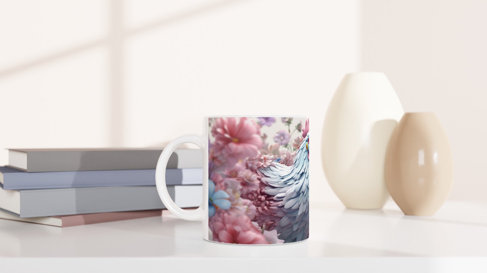 Pastel Renkli Çiçekler Arasında Mavi Horoz Baskılı Kupa Bardak - 5