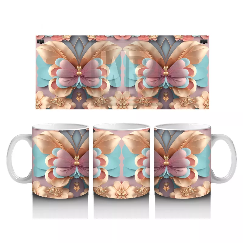 Pastel Renkli İkiz Kelebekler Deseni – Baskılı Kahve Kupası