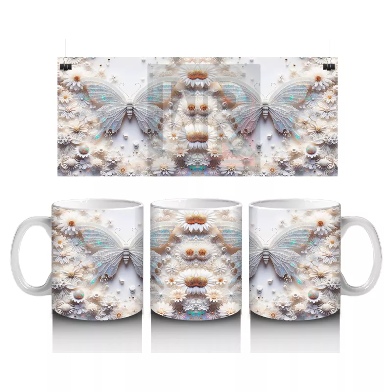 Pastel Renkli Rölyef Kelebek Deseni – Baskılı Kahve Kupası