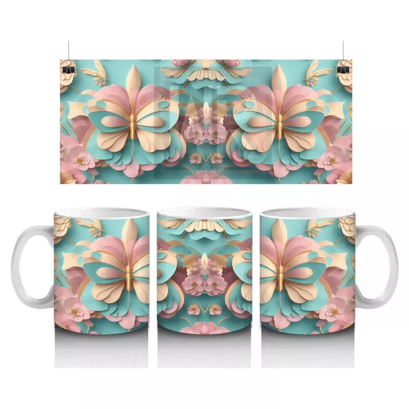 Pastel Tonlarda Dönüşümlü Kelebekler – Baskılı Kahve Kupası