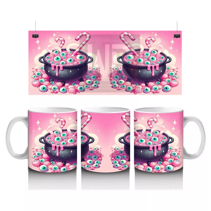 Pembe Arka Plan Üzerinde Şeker Dolu Cadı Kazanı Figürlü Cadılar Bayramı Baskılı Kupa Bardak