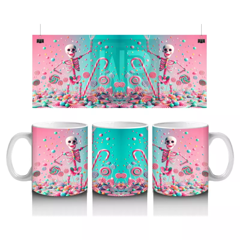 Pembe Arka Plan Üzerinde Şeker Dolu Külah Figürlü Cadılar Bayramı Baskılı Kupa Bardak