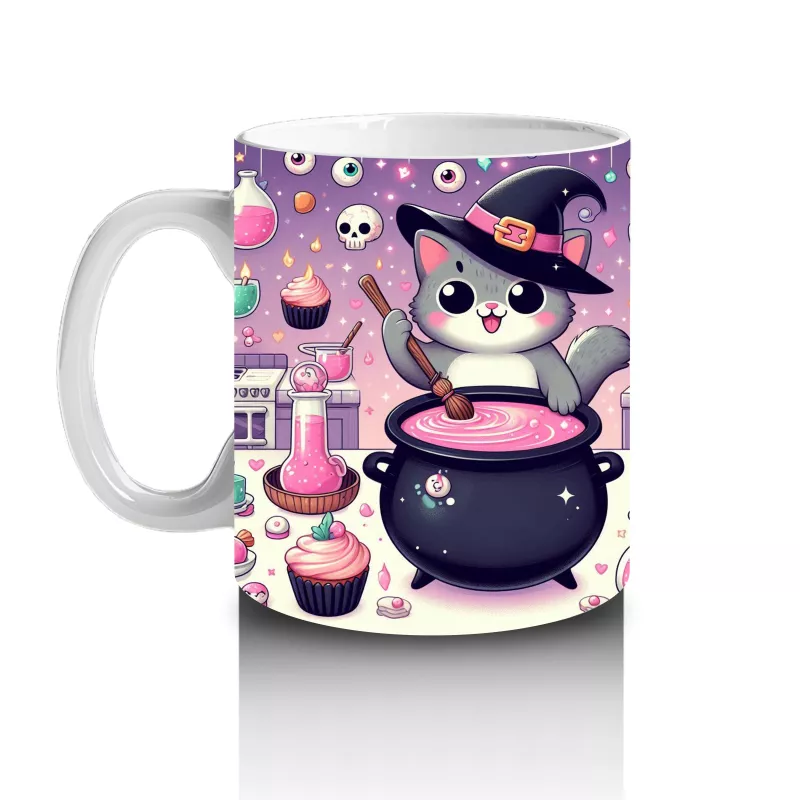 Pembe Arka Plan Üzerinde Sevimli Cadı Kız Figürlü Cadılar Bayramı Baskılı Kupa - 2