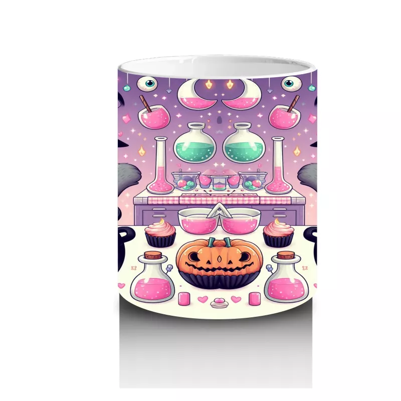 Pembe Arka Plan Üzerinde Sevimli Cadı Kız Figürlü Cadılar Bayramı Baskılı Kupa - 3