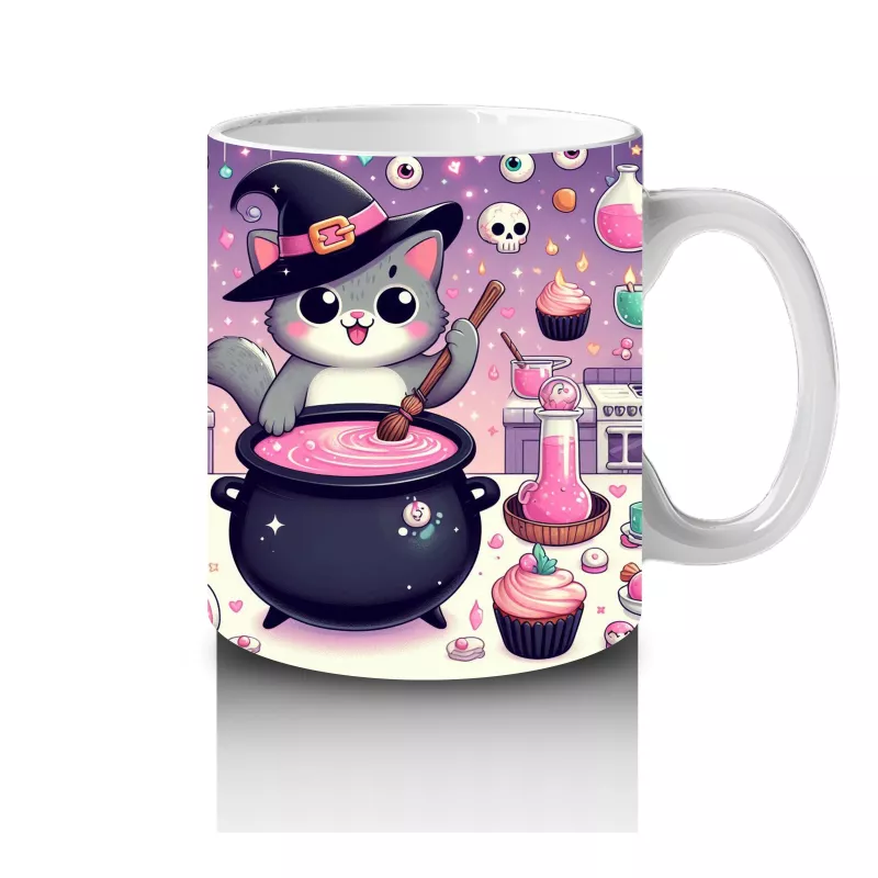 Pembe Arka Plan Üzerinde Sevimli Cadı Kız Figürlü Cadılar Bayramı Baskılı Kupa - 4