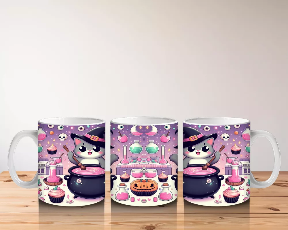 Pembe Arka Plan Üzerinde Sevimli Cadı Kız Figürlü Cadılar Bayramı Baskılı Kupa - 5