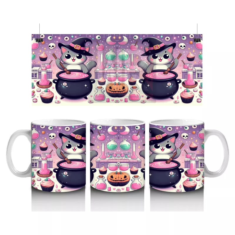 Pembe Arka Plan Üzerinde Sevimli Cadı Kız Figürlü Cadılar Bayramı Baskılı Kupa