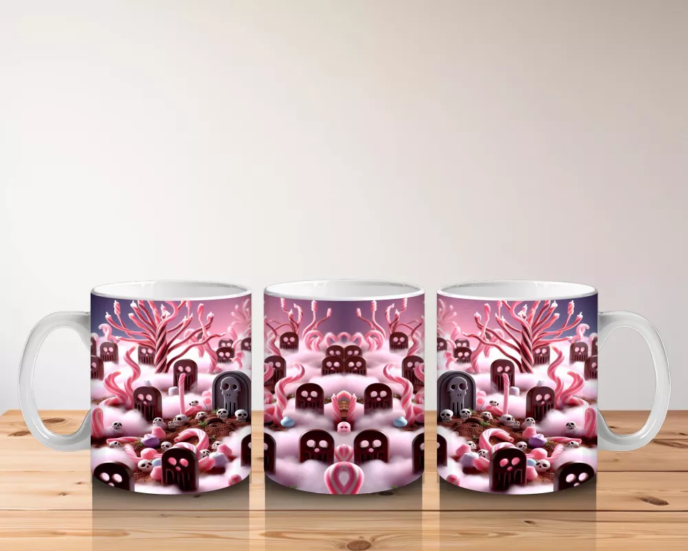 Pembe Arka Plan Üzerinde Vampir Kostümlü Çocuklar Figürlü Tatlı Cadılar Bayramı Baskılı Kupa Bardak - 5