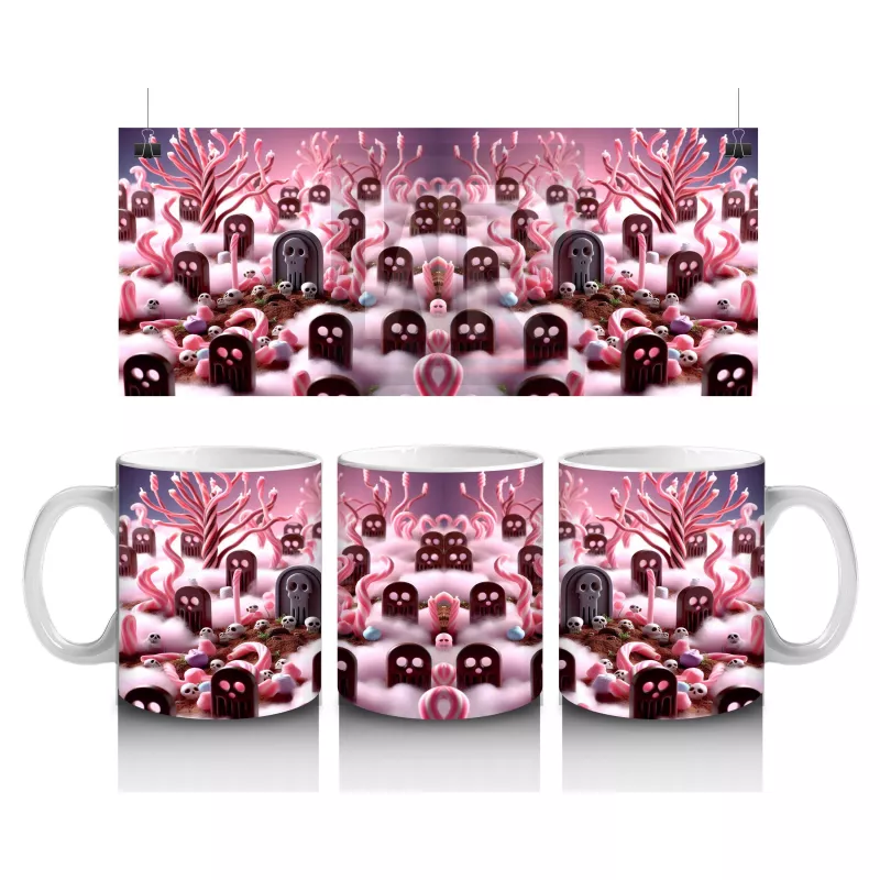 Pembe Arka Plan Üzerinde Vampir Kostümlü Çocuklar Figürlü Tatlı Cadılar Bayramı Baskılı Kupa Bardak