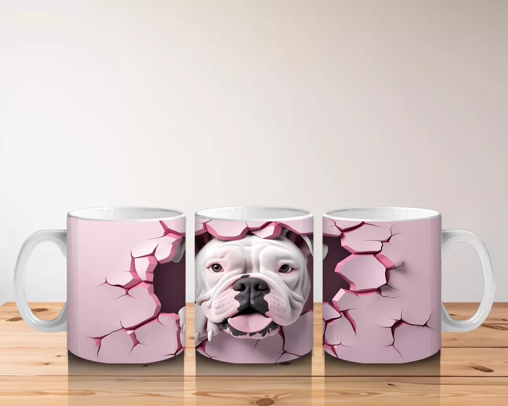 Pembe Arka Planda Bulldog Deseni - Baskılı Kahve Kupası - 5