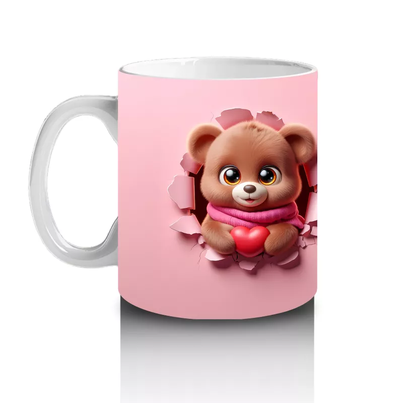 Pembe Arka Planda Kalpli Ayıcık – Baskılı Kahve Kupası - 2