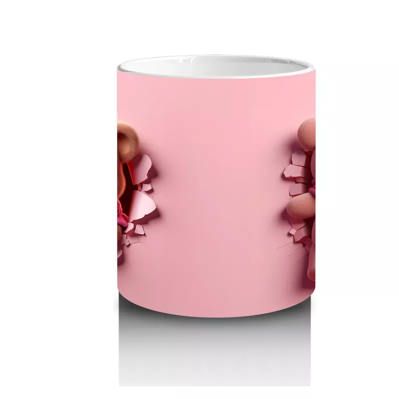 Pembe Arka Planda Kalpli Ayıcık – Baskılı Kahve Kupası - 3