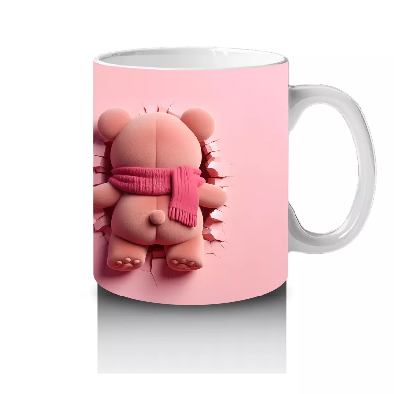 Pembe Arka Planda Kalpli Ayıcık – Baskılı Kahve Kupası - 4