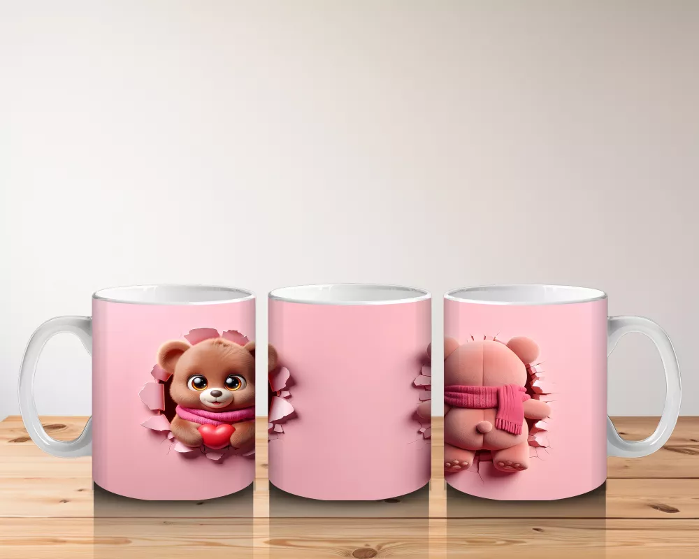 Pembe Arka Planda Kalpli Ayıcık – Baskılı Kahve Kupası - 5