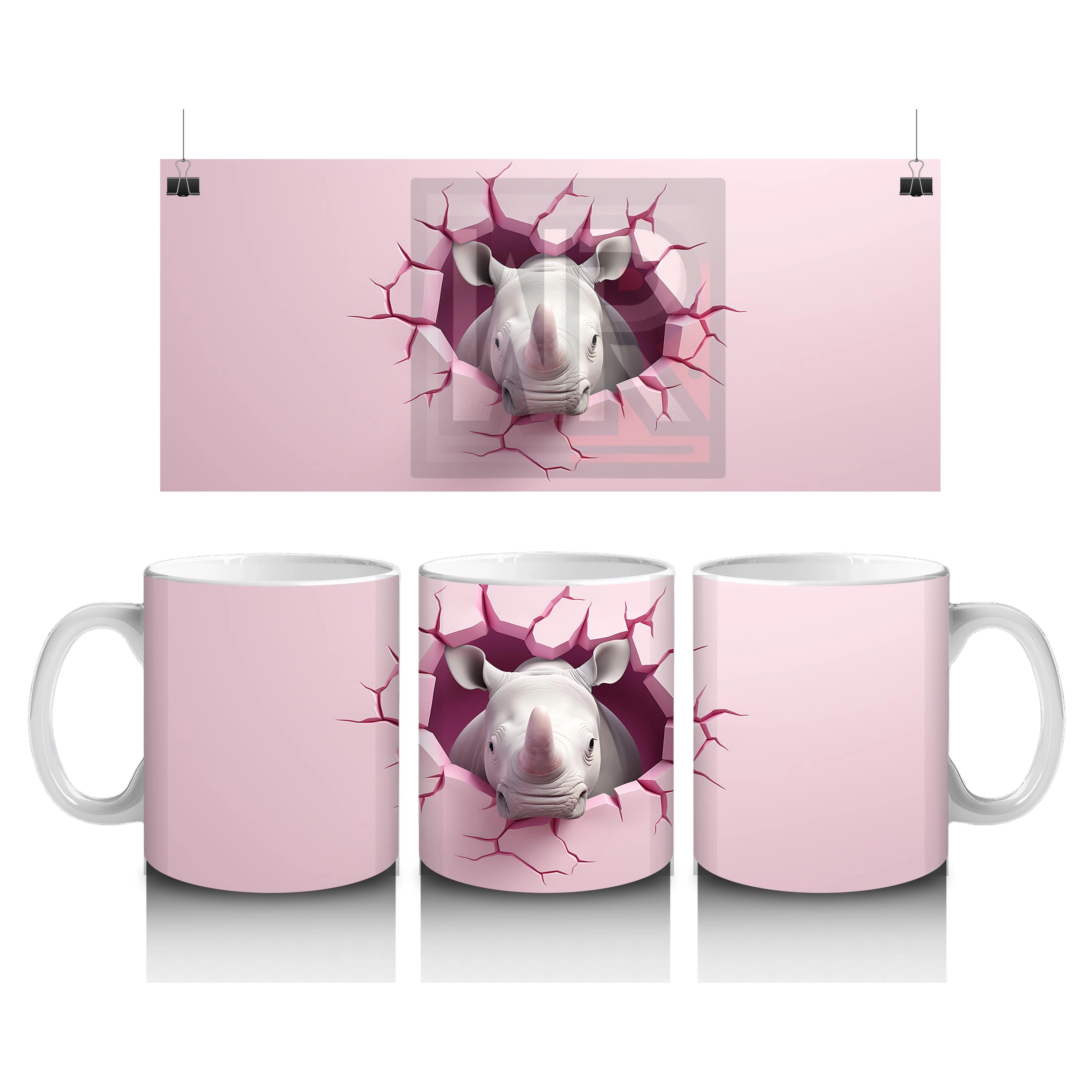 Pembe Arka Planda Kırık Duvarlı Gergedan - Baskılı Kahve Kupası