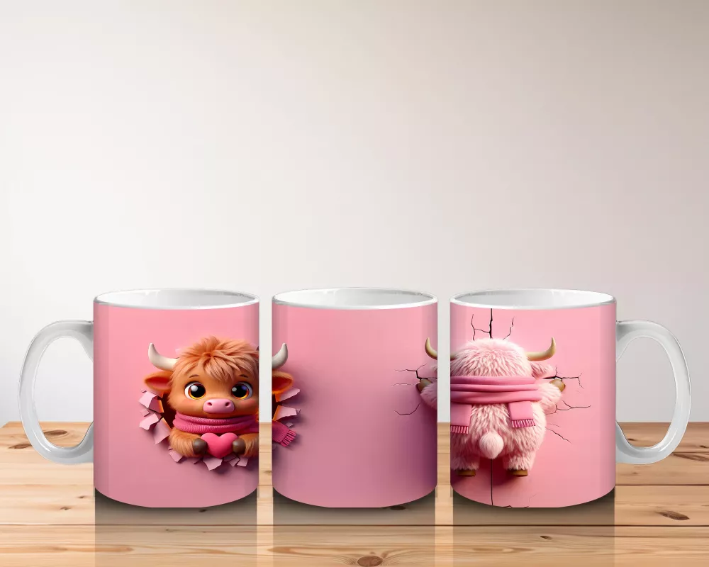 Pembe Arka Planda Sevimli Maskot ve Peluş Karakter – Baskılı Kahve Kupası - 5