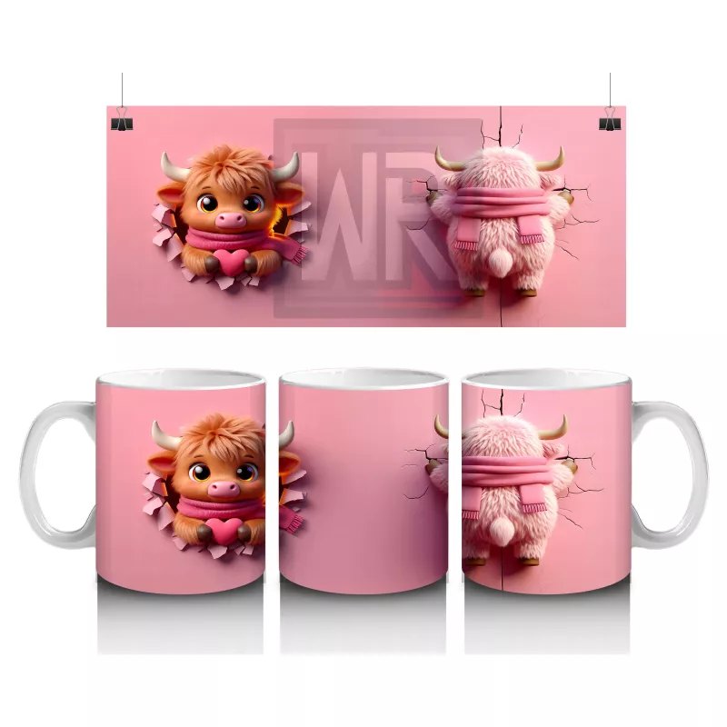 Pembe Arka Planda Sevimli Maskot ve Peluş Karakter – Baskılı Kahve Kupası