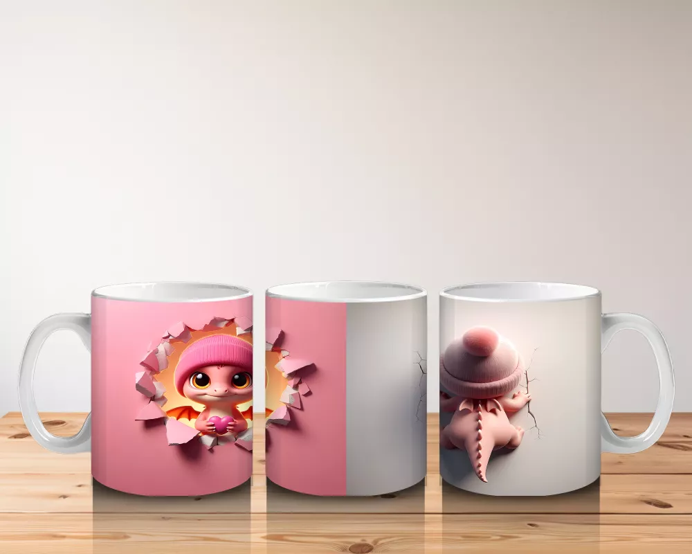 Pembe Arka Planda Şirin Çocuk Maskotu – Baskılı Kahve Kupası - 5