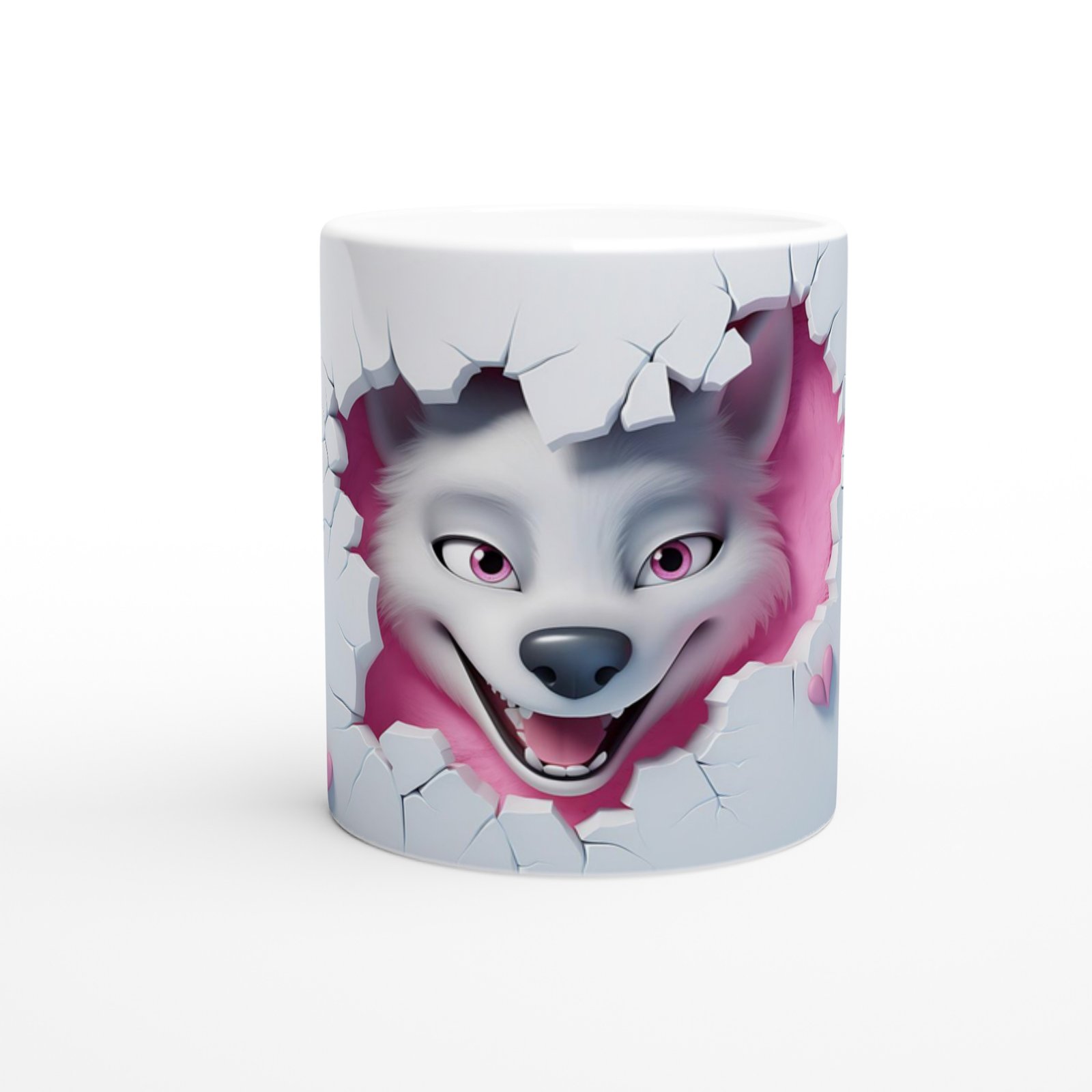 Pembe Arka Planlı Çatlak Duvardan Bakan Neşeli Kurt Temalı Baskılı Kupa Bardak