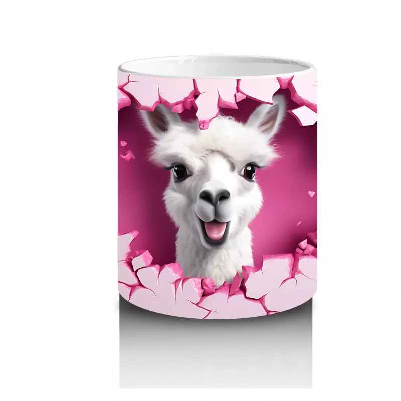 Pembe Arka Planlı Çatlak Zeminden Bakan Sevimli Lama - Baskılı kahve kupası - 3