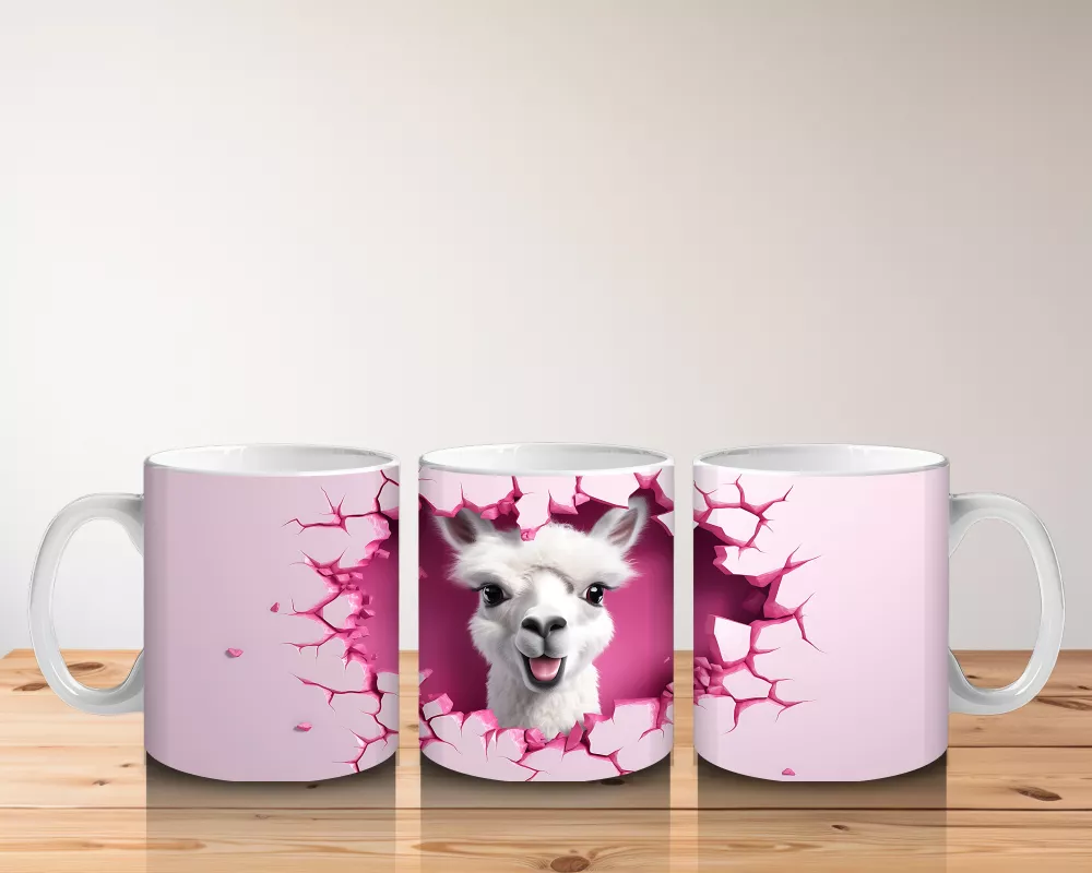 Pembe Arka Planlı Çatlak Zeminden Bakan Sevimli Lama - Baskılı kahve kupası - 5