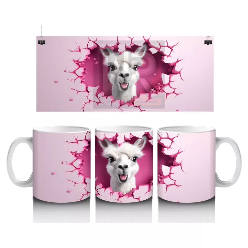 Pembe Arka Planlı Çatlak Zeminden Bakan Sevimli Lama - Baskılı kahve kupası