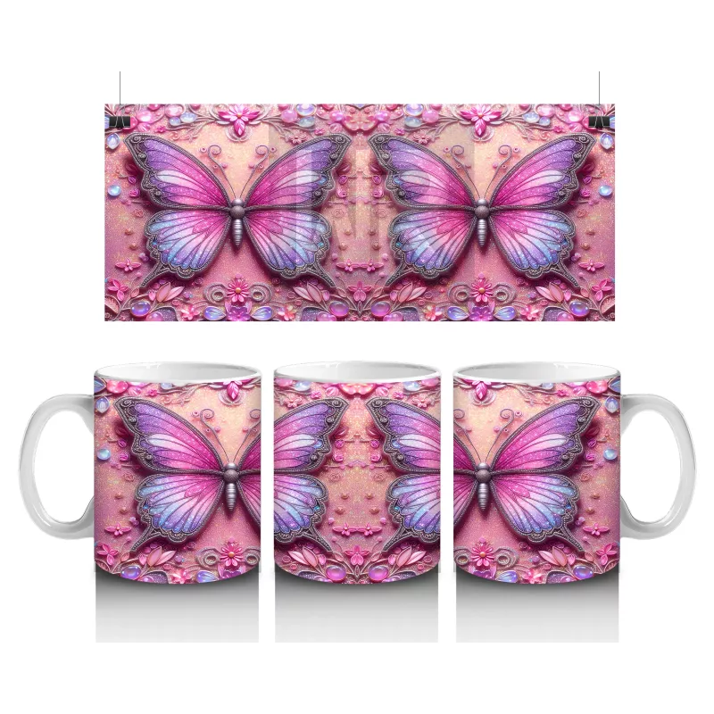 Pembe Arka Planlı Çift Mor Kelebek Deseni - Baskılı kahve kupası