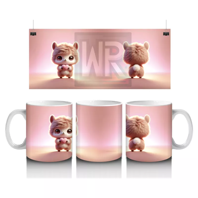 Pembe Arka Planlı Sevimli Lama Figürü (Ön ve Arka) - Baskılı kahve kupası