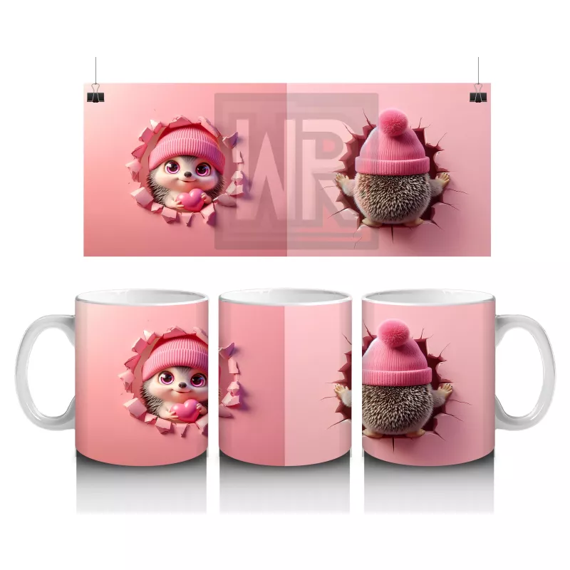 Pembe Bere Takmış Sevimli Bebek Kirpi (Ön ve Arka) - Baskılı kahve kupası