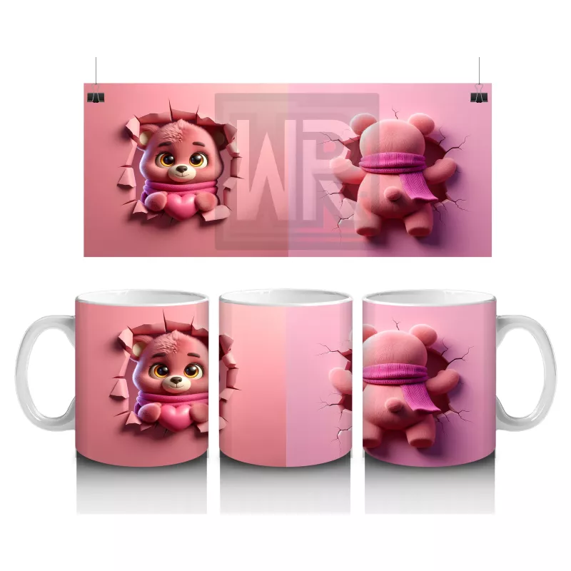 Pembe Bereli Sevimli Ayıcık Figürü Önden ve Arkadan - Baskılı kahve kupası