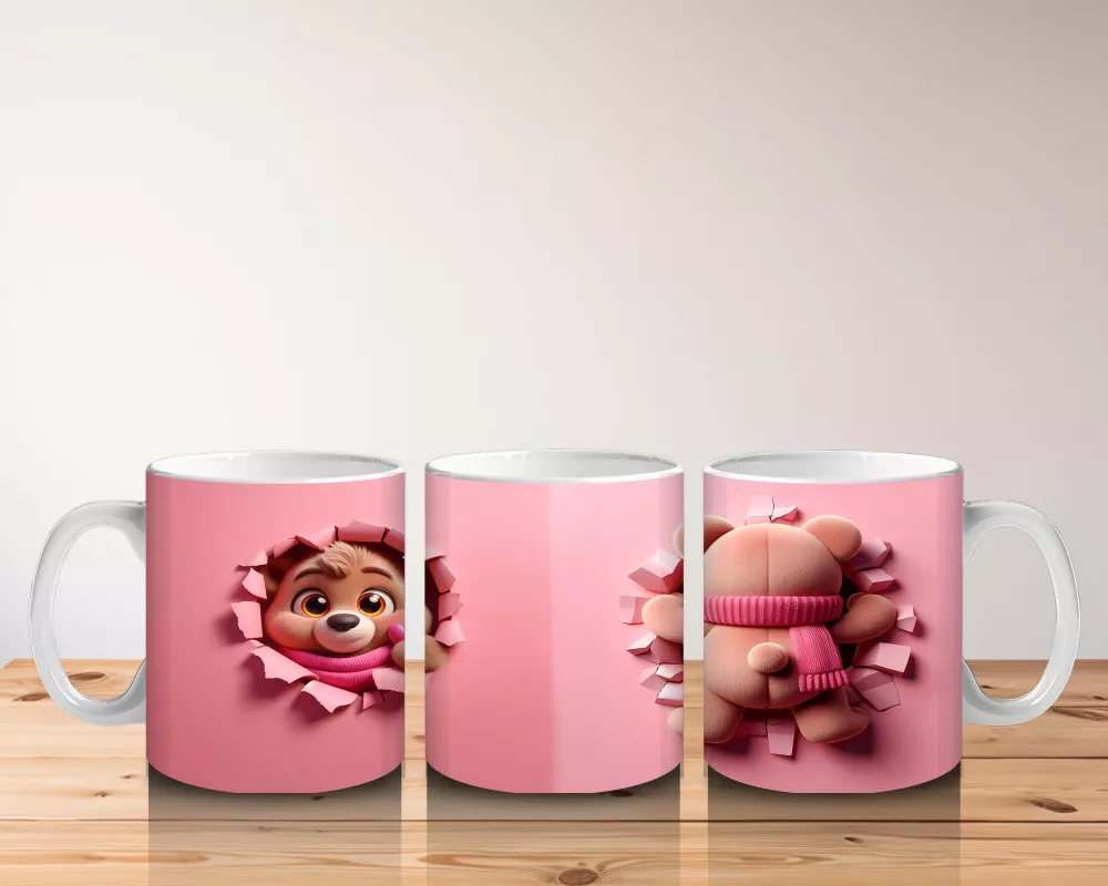 Pembe Bereli Sevimli Ayıcık Figürü (Yandan ve Arkadan) - Baskılı kahve kupası - 5
