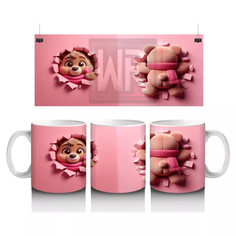 Pembe Bereli Sevimli Ayıcık Figürü (Yandan ve Arkadan) - Baskılı kahve kupası