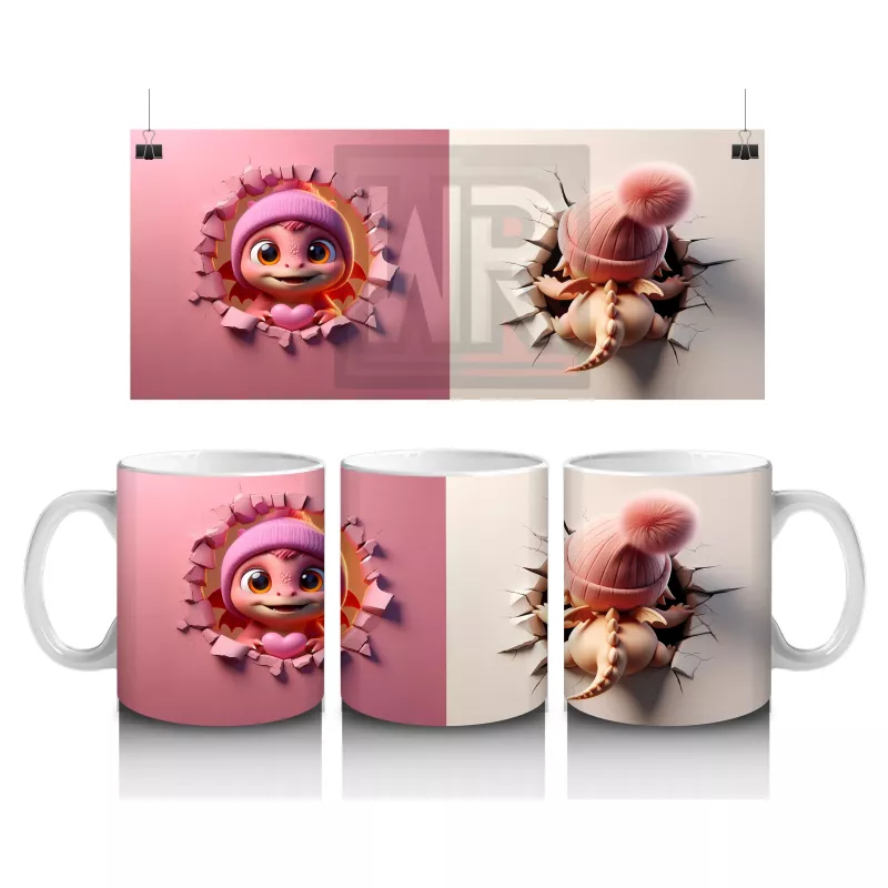 Pembe Bereli Sevimli Dinozor Kız Figürü (Yandan ve Önden) - Baskılı kahve kupası