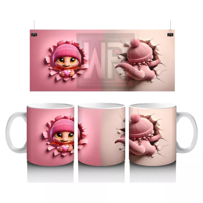 Pembe Bereli Sevimli Ejderha Karakteri - Baskılı kahve kupası