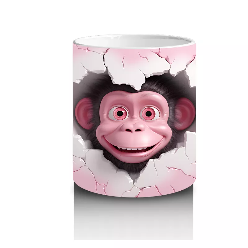 Pembe Çatlak Arka Planda Sevimli Maymun Figürü - Baskılı kahve kupası - 3