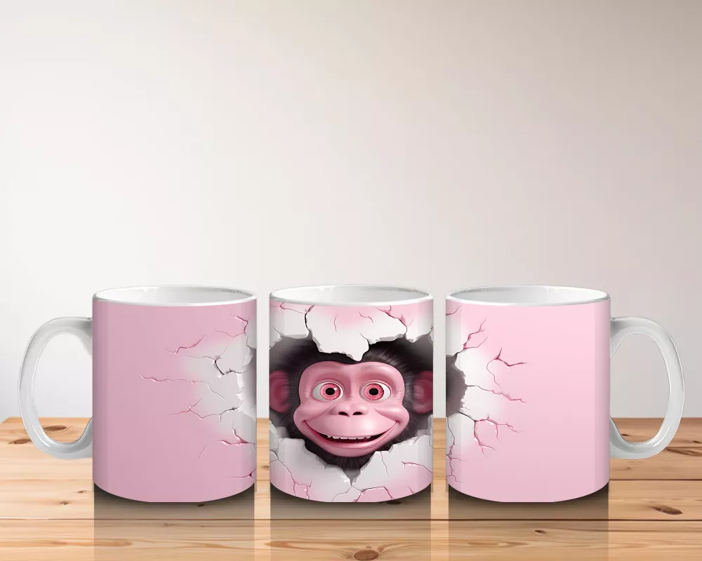Pembe Çatlak Arka Planda Sevimli Maymun Figürü - Baskılı kahve kupası - 5