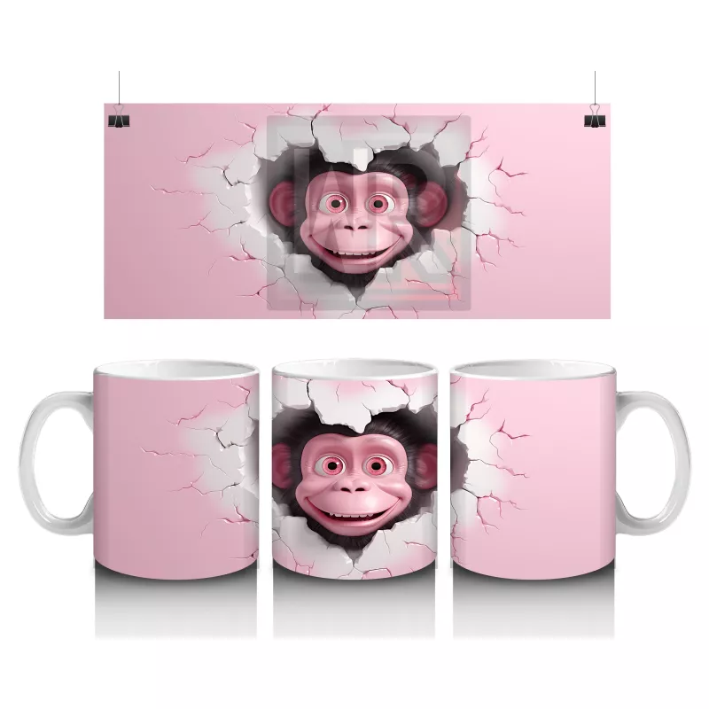 Pembe Çatlak Arka Planda Sevimli Maymun Figürü - Baskılı kahve kupası