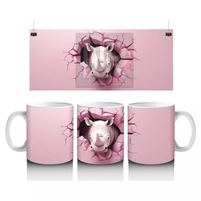 Pembe Çatlak Duvar Arasında Gergedan Figürü - Baskılı kahve kupası